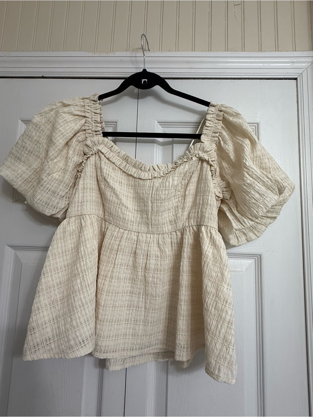 Cream Smocked Square-Neck Puff Sleeve Blouse